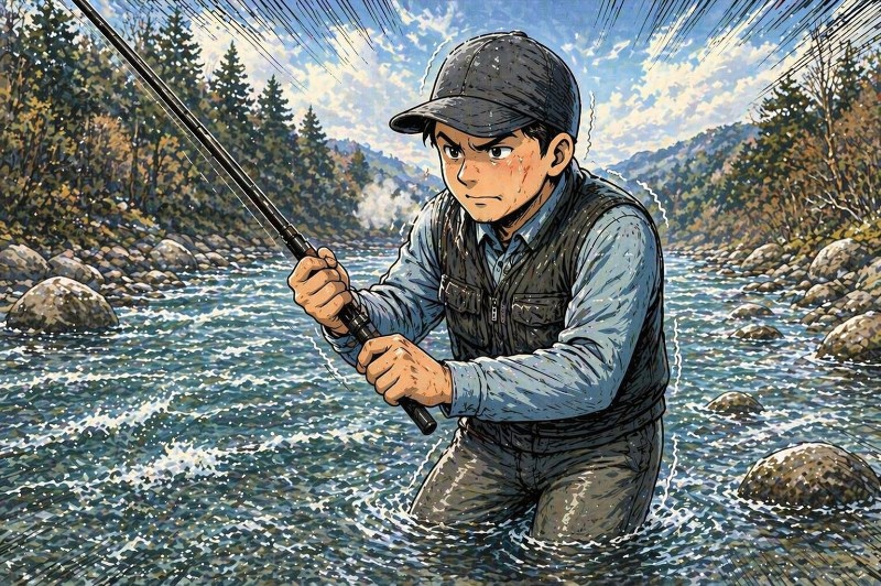 鮎釣りでアンダータイツを履くのに適しているシーンのイラスト